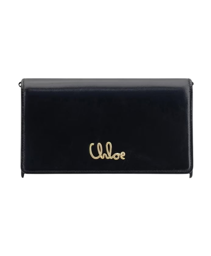 Leather Chain Wallet Clutch Black