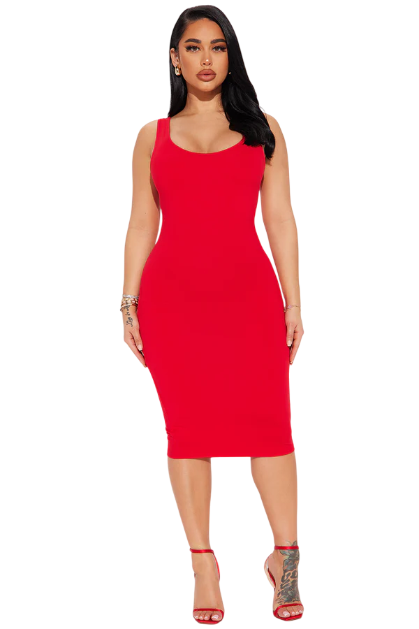 Double Scoop Midi Dress - Red