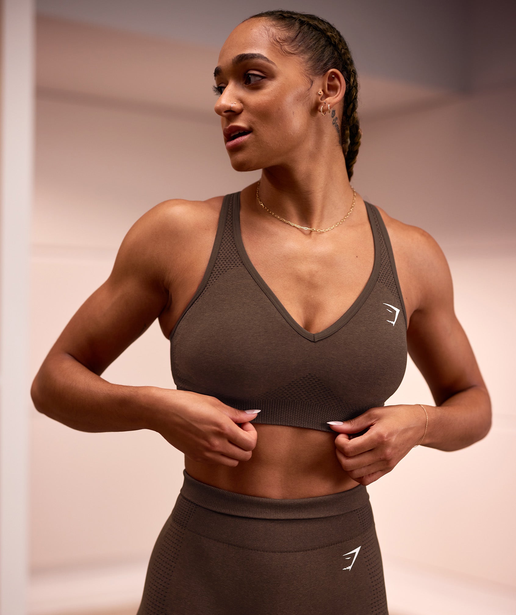 Gymshark Vital V Neck Sports Bra - Espresso Marl