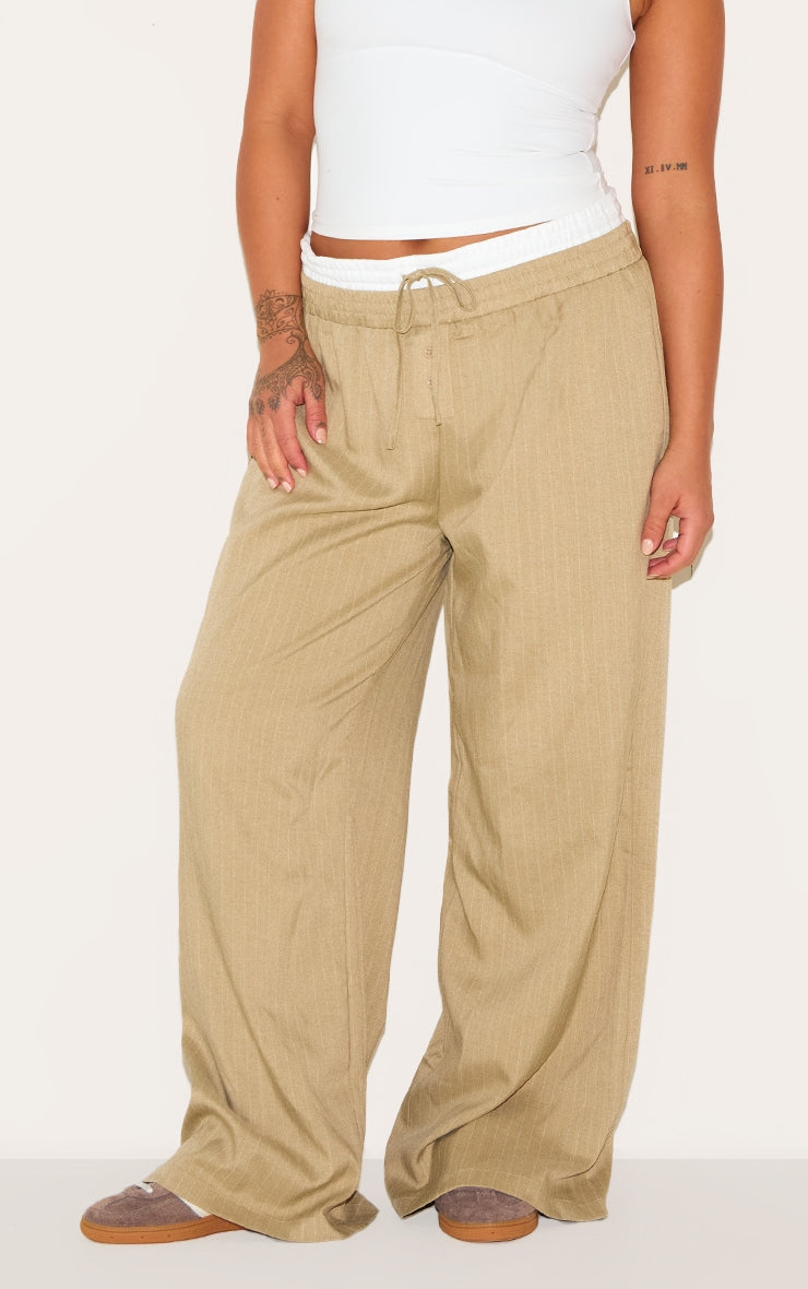 Plus Olive Pinstripe Print Button Front Straight Leg Trousers