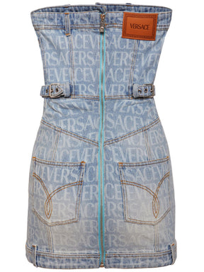 Versace Logo printed denim mini dress