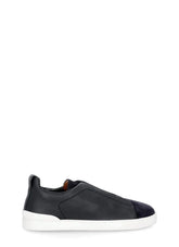Z Zegna Men’s Triple Stitch™ Black Suede & Garnet Leather Sneakers – Cross Elastic, Lightweight Sole