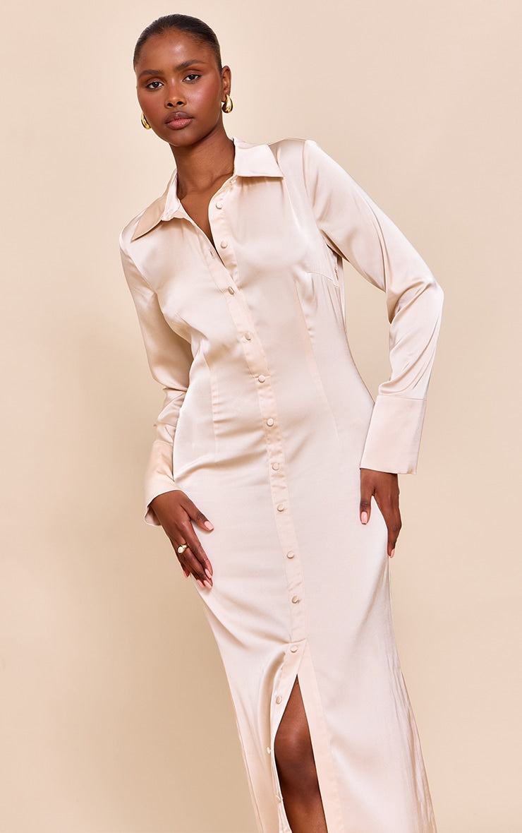 Almond Satin Button Down Midaxi Dress