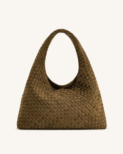 Laura Faux Suede Woven Shoulder Bag - Dark Brown
