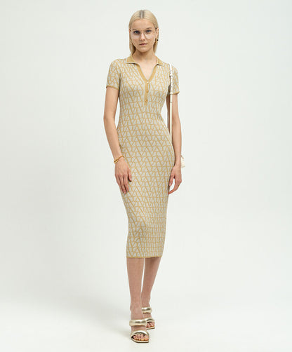 Valentino Gray logo print polo dress with lurex