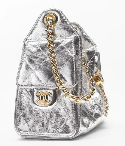 CHANEL mini bag 25 Metallic calfskin & gold-tone metal Silver