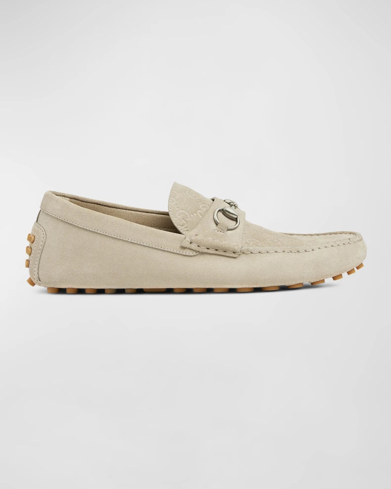 Gucci Men's Beige Suede Driver Loafers with Horsebit
