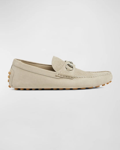 Gucci Men's Beige Suede Driver Loafers with Horsebit