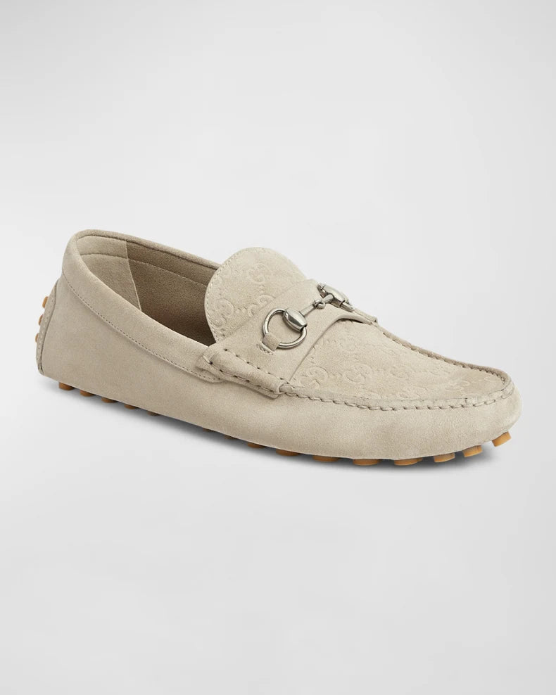 Gucci Men's Beige Suede Driver Loafers with Horsebit