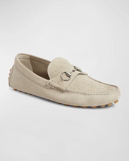 Gucci Men's Beige Suede Driver Loafers with Horsebit