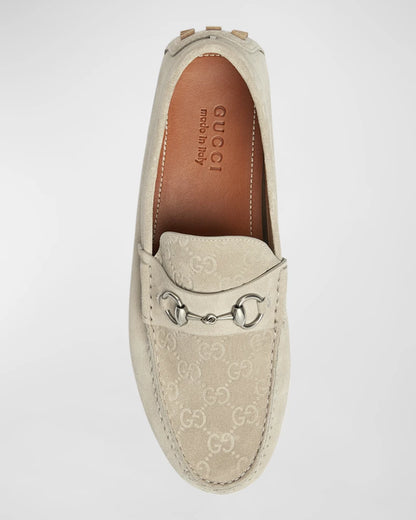 Gucci Men's Beige Suede Driver Loafers with Horsebit