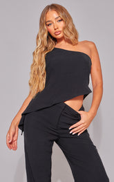 Black Woven Asymmetric Frill Detail One Shoulder Top