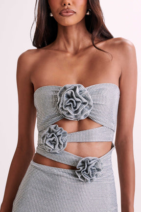 Korinna Strapless Rose Diamante Mini Dress - Silver