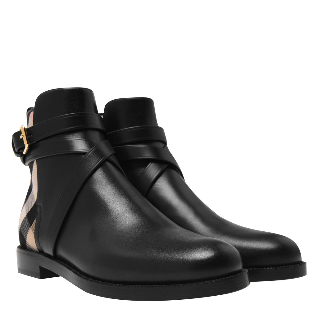 House Check And Leather Ankle Boots