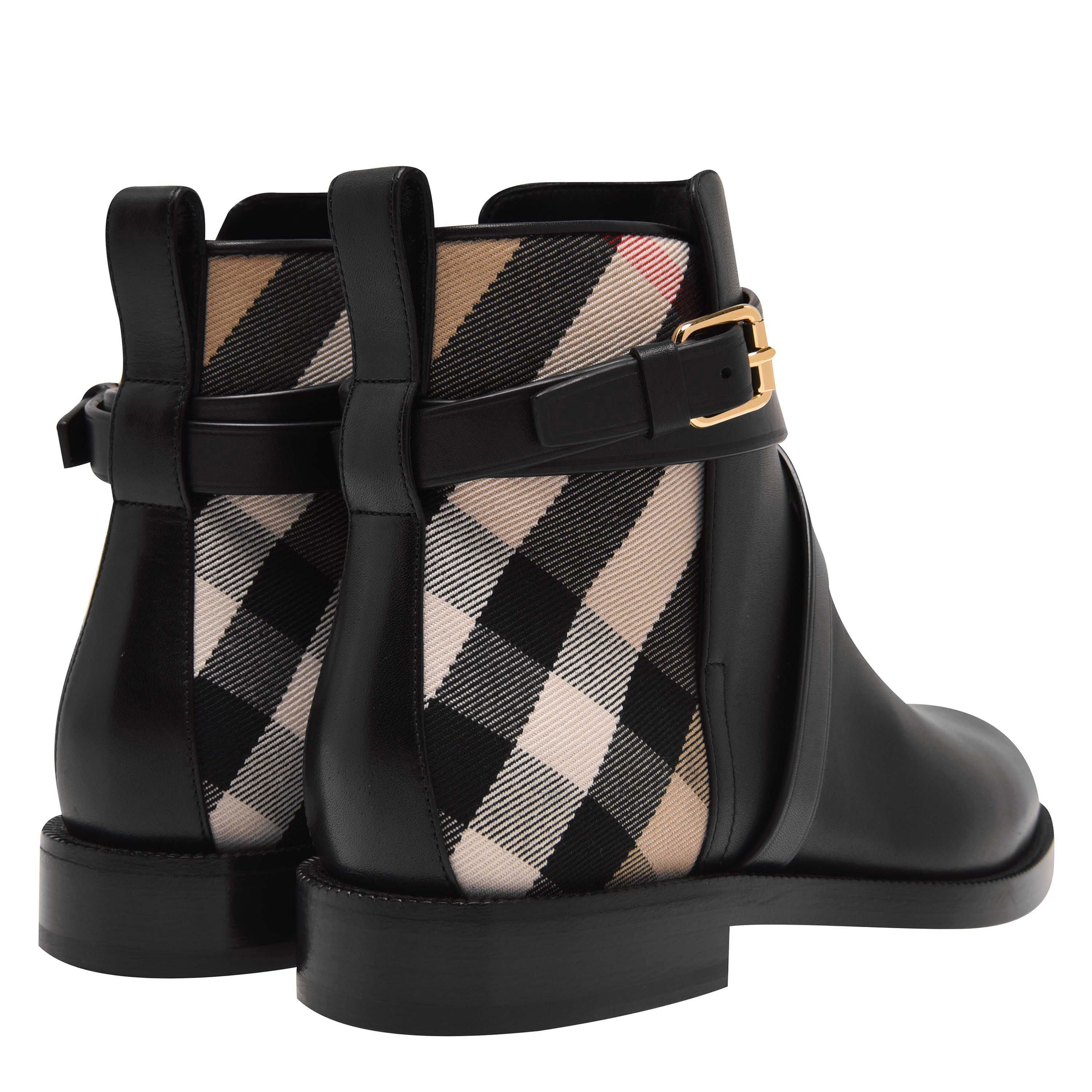 House Check And Leather Ankle Boots