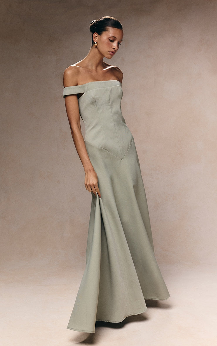 Sage Green Structured Bardot V Waist Maxi Dress