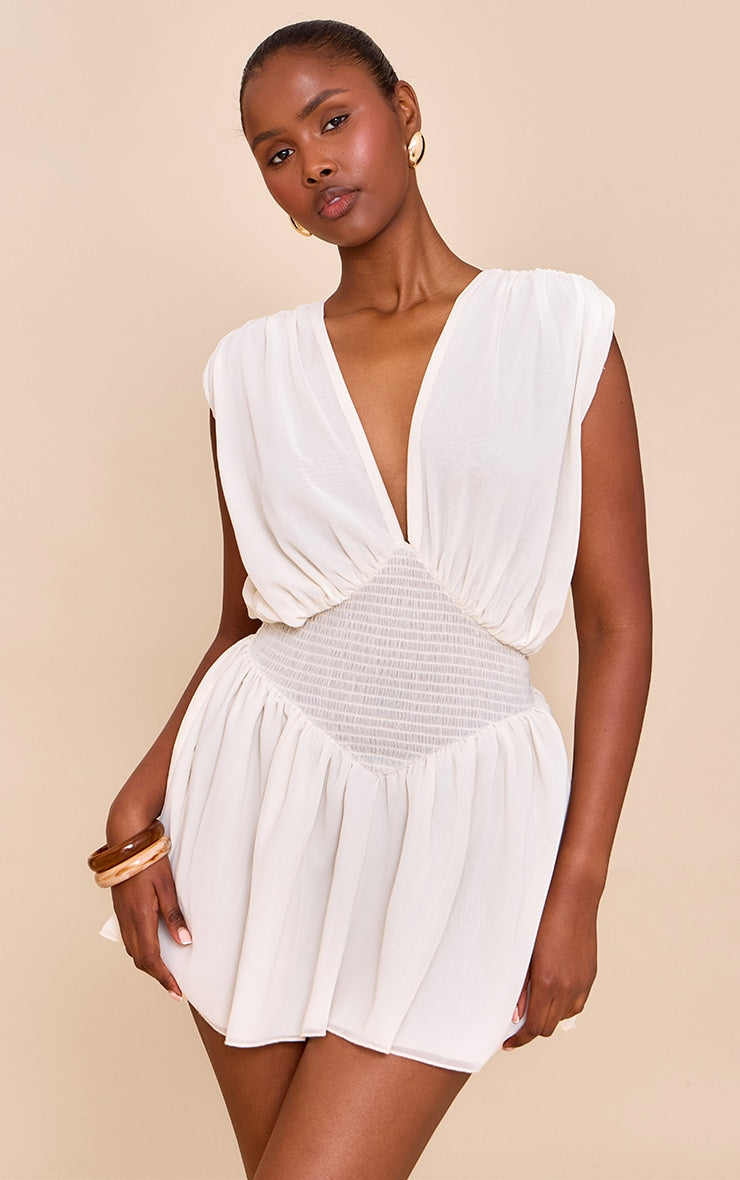 Almond Chiffon Shirred Mini Dress