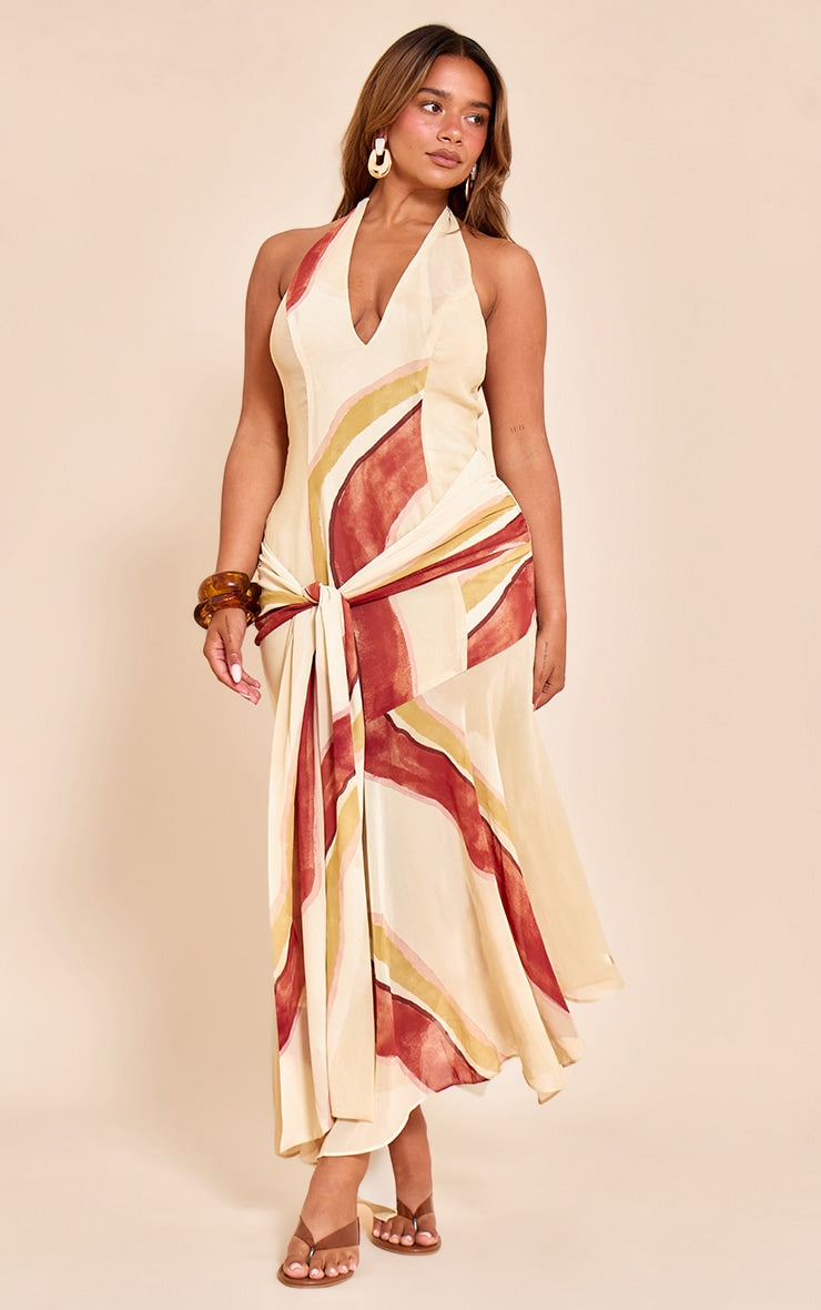 Shape Cream Marble Print Halterneck Wrap Waist Maxi Dress