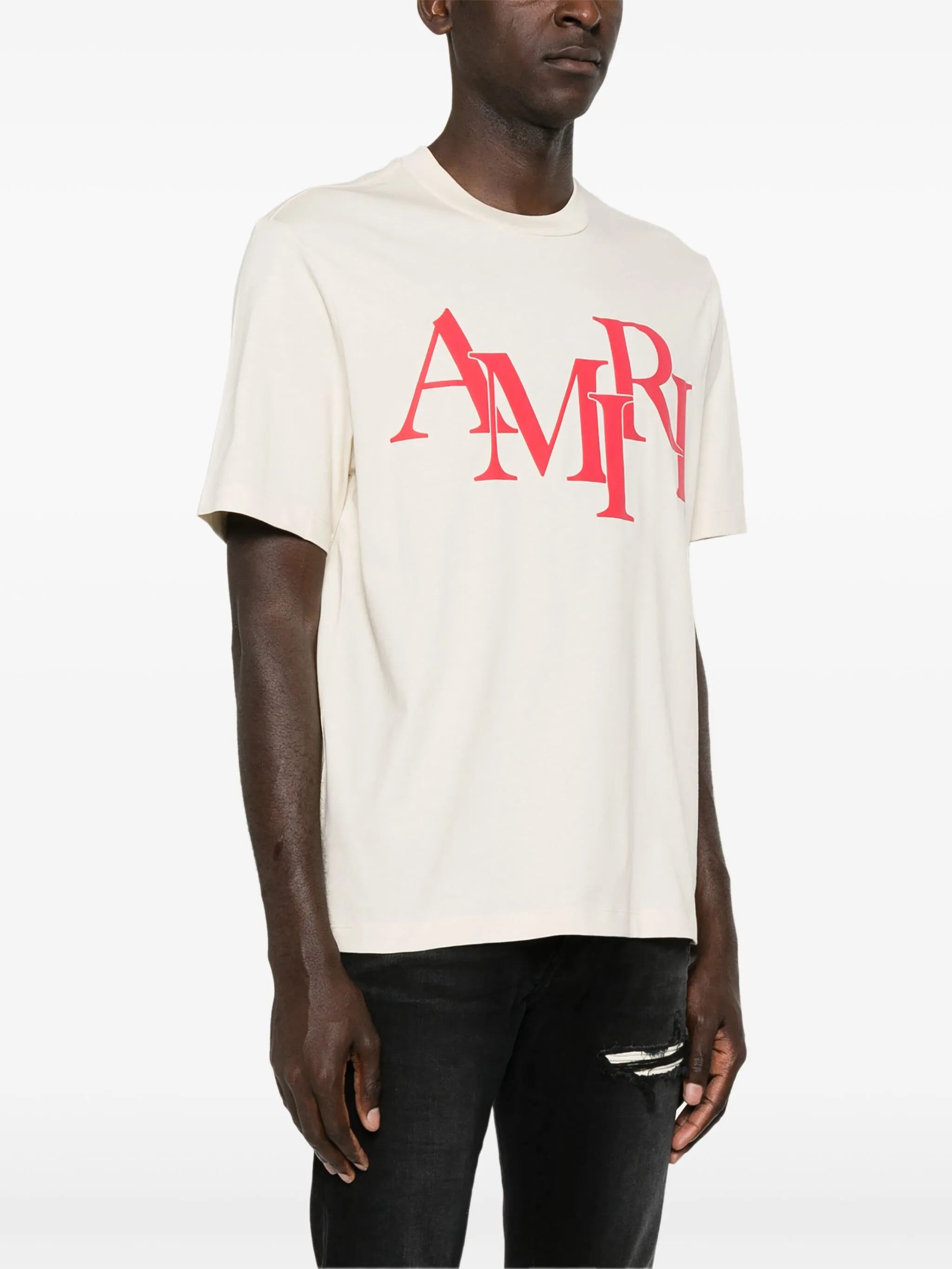 Amiri Staggered Logo Red Printed T-Shirt in Light Beige