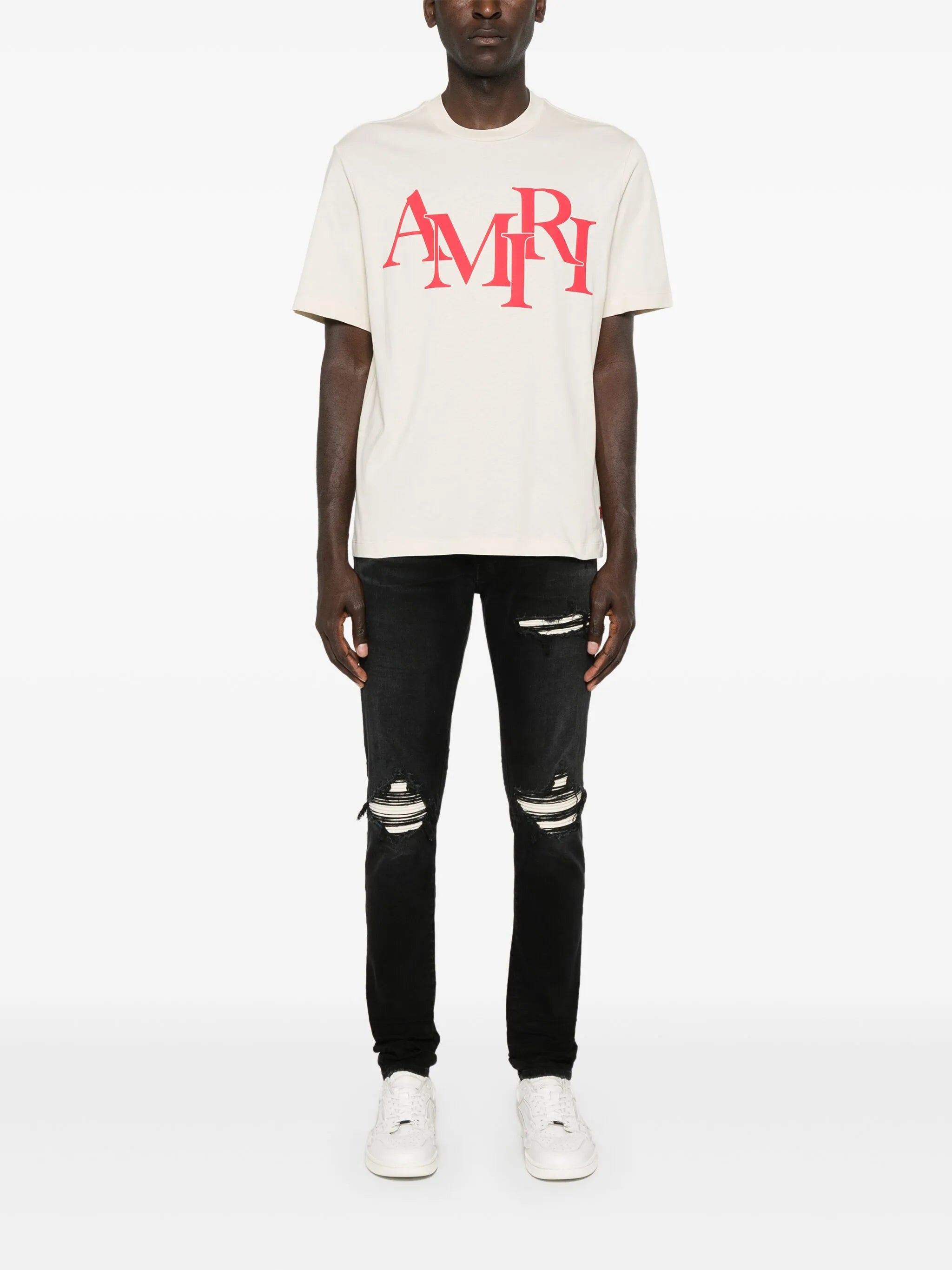 Amiri Staggered Logo Red Printed T-Shirt in Light Beige