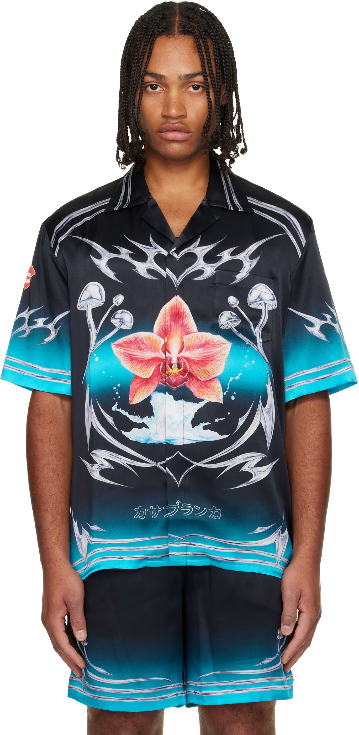 Black Blades Short Sleeve Silk Satin Shirt