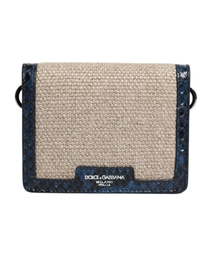 Beige Blue Leather Canvas Crossbody Bag