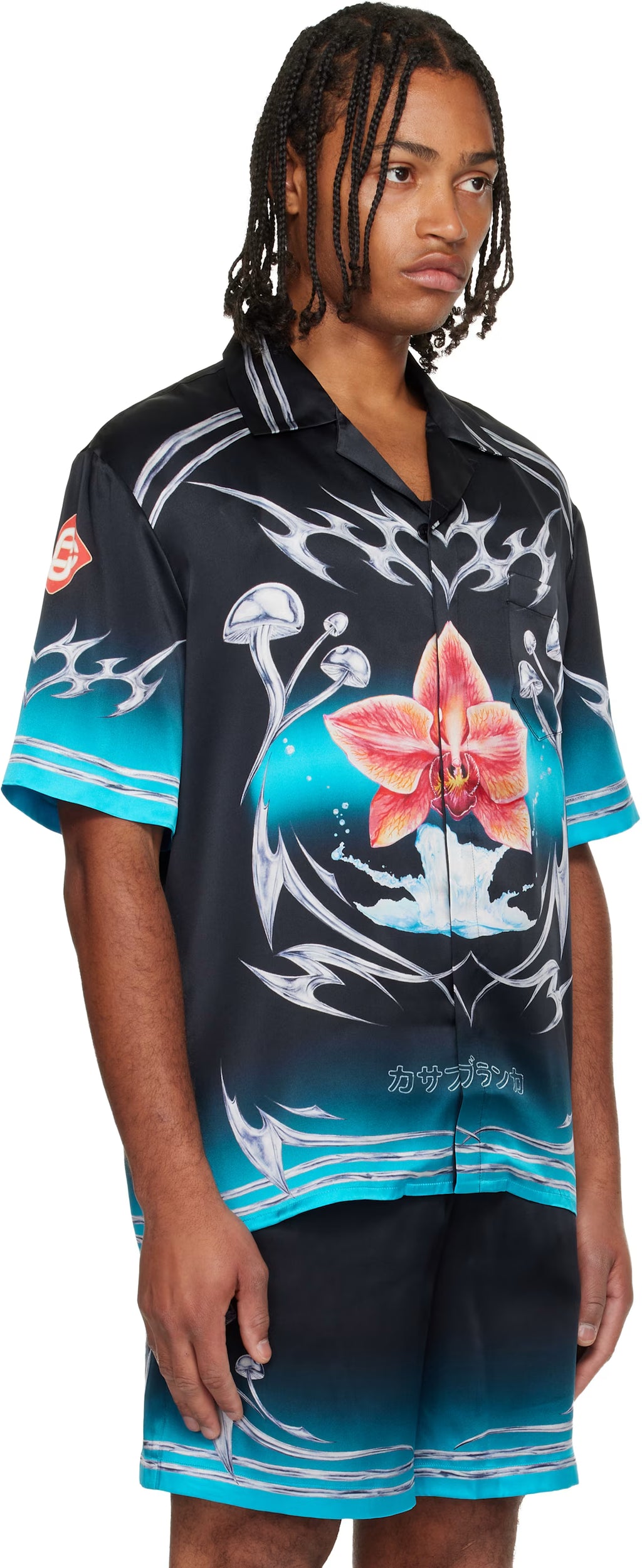 Black Blades Short Sleeve Silk Satin Shirt