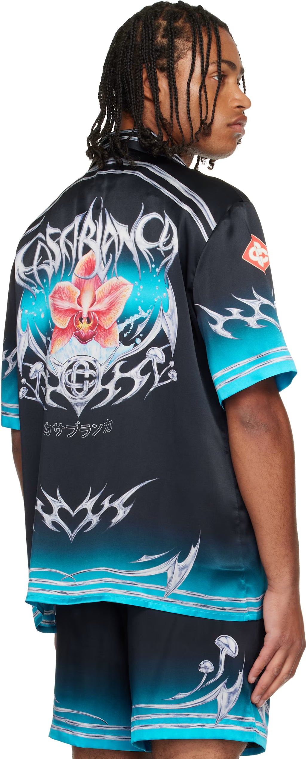 Black Blades Short Sleeve Silk Satin Shirt