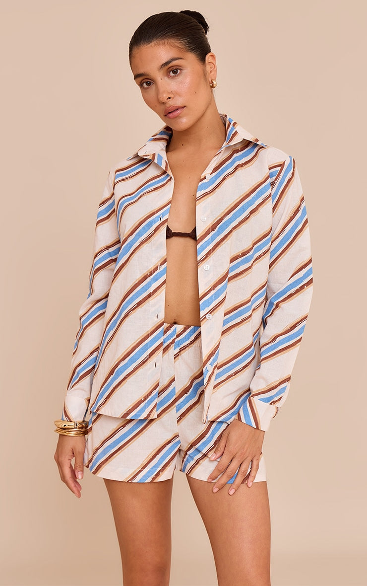Petite Blue Stripe Linen Look Button Up Shirt