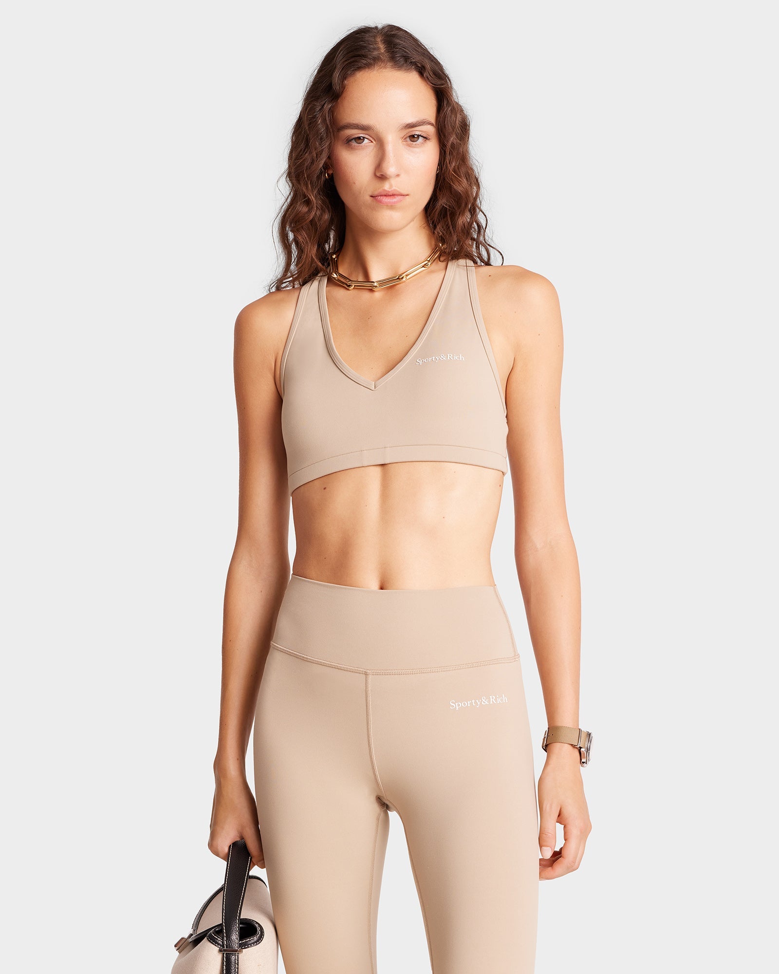 Serif Logo V Neck Sports Bra - Elephant/White