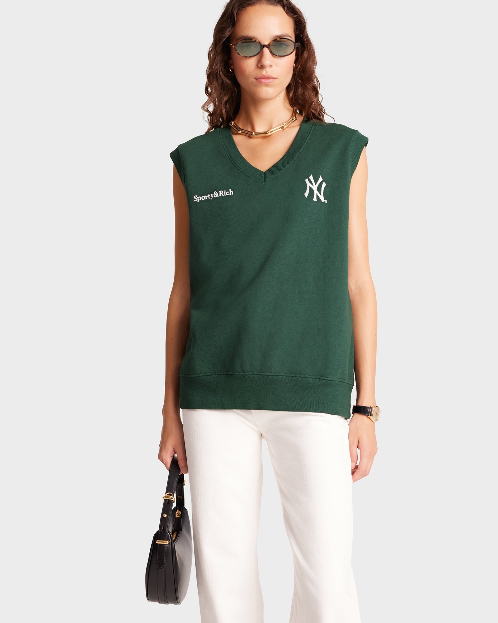 Yankees Serif V-Neck Vest - Forest/White