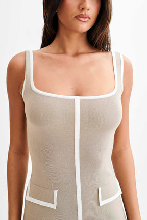 Eimear Contrast Knit Midi Dress - Taupe & Ivory