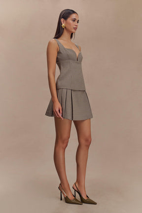 Angie Pleated Buckle Mini Skirt - Tan Check