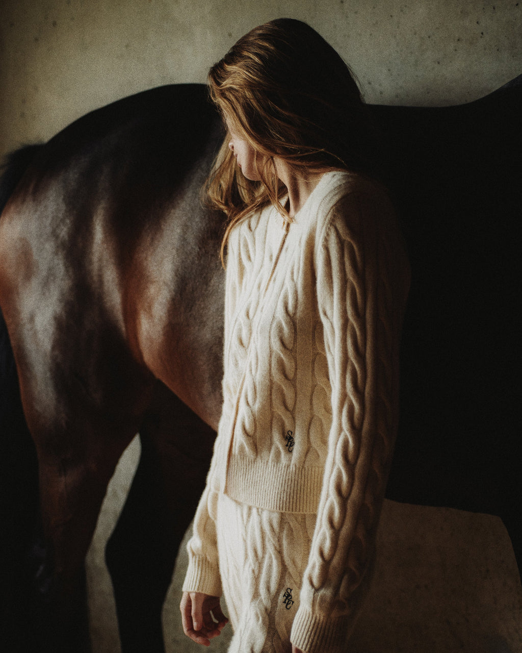 SRC Cableknit Cashmere Trousers - Cream/Navy