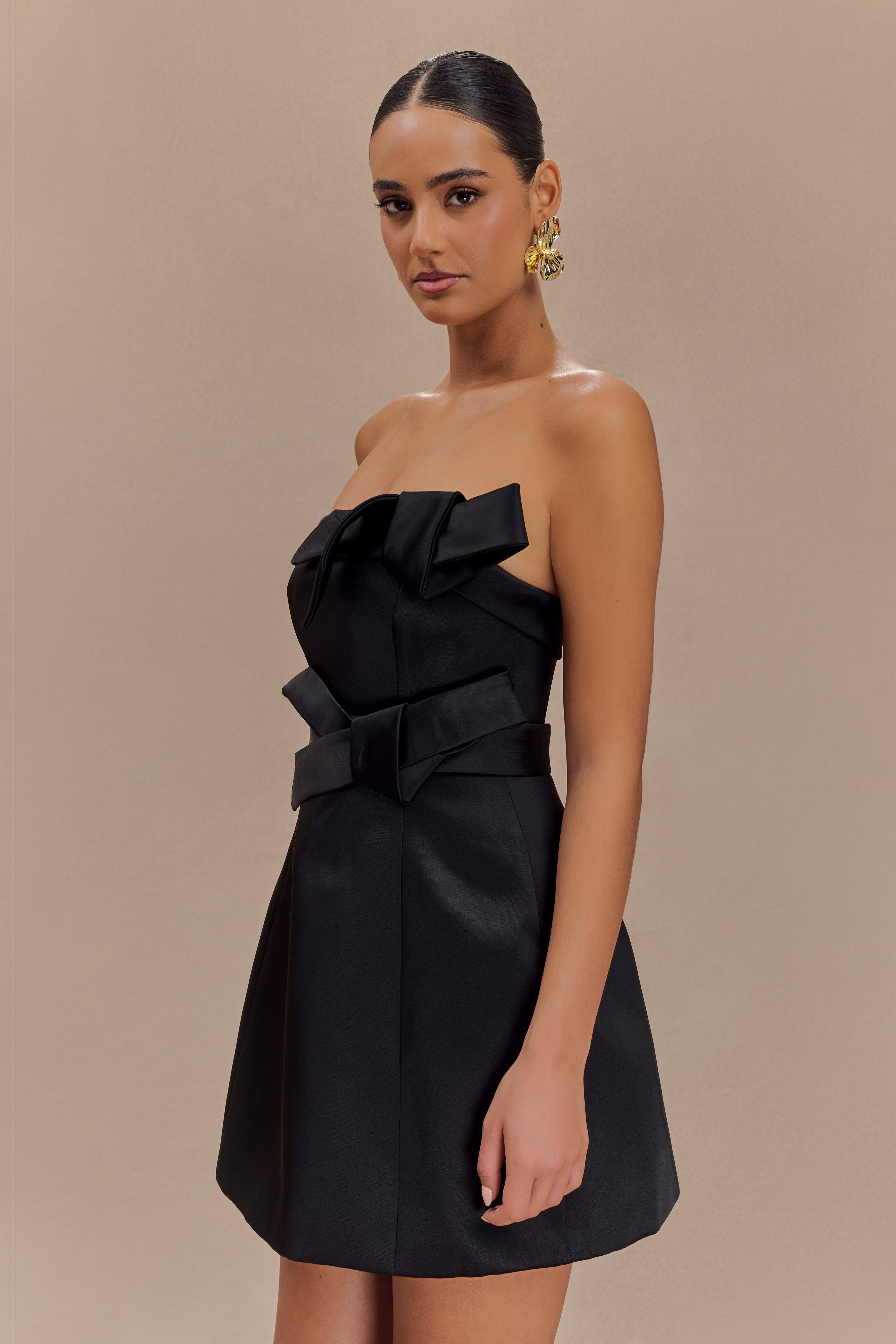 Tatiana Satin Strapless Bow Mini Dress - Black