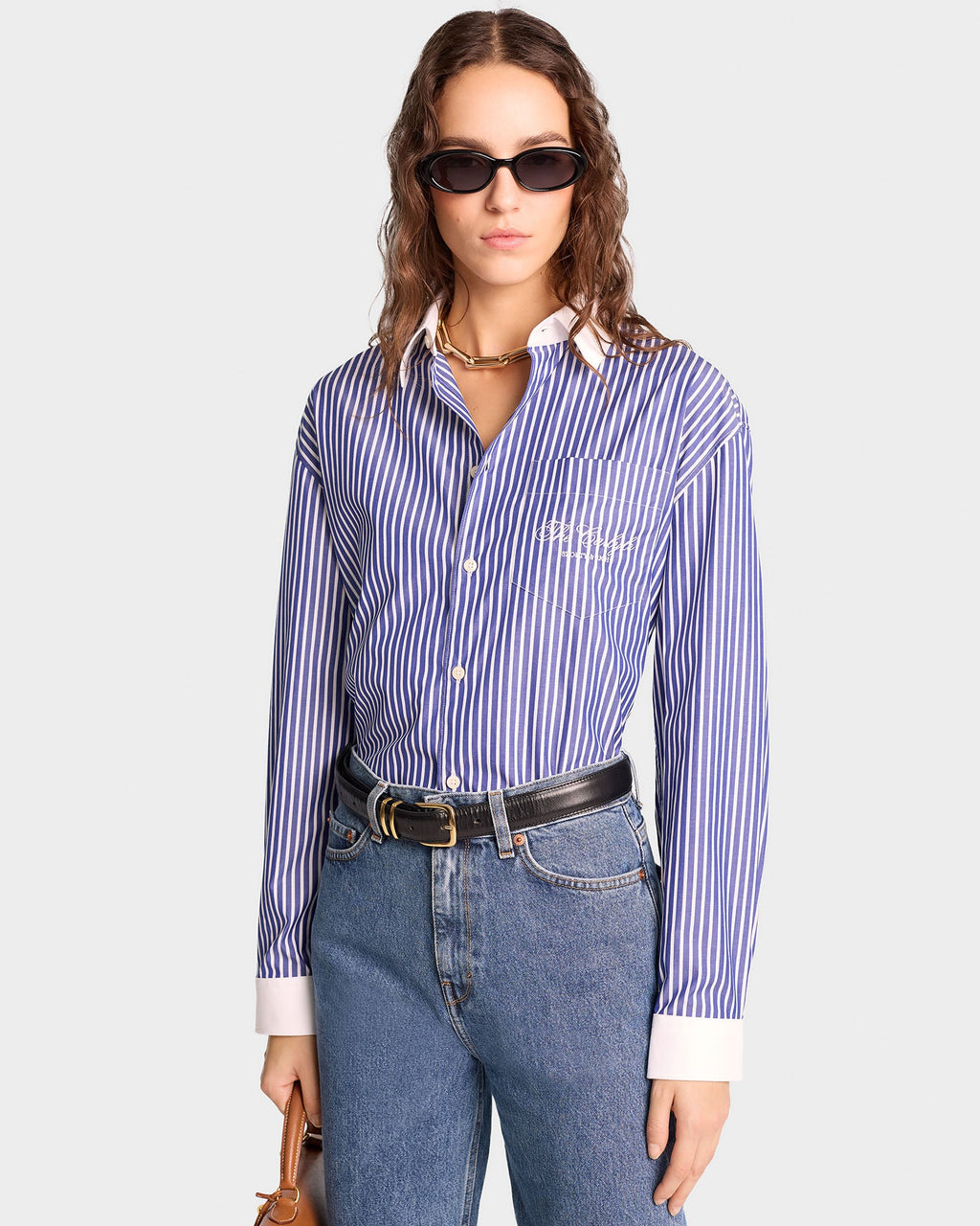 The Carlyle Script Oversized Shirt - Navy Striped