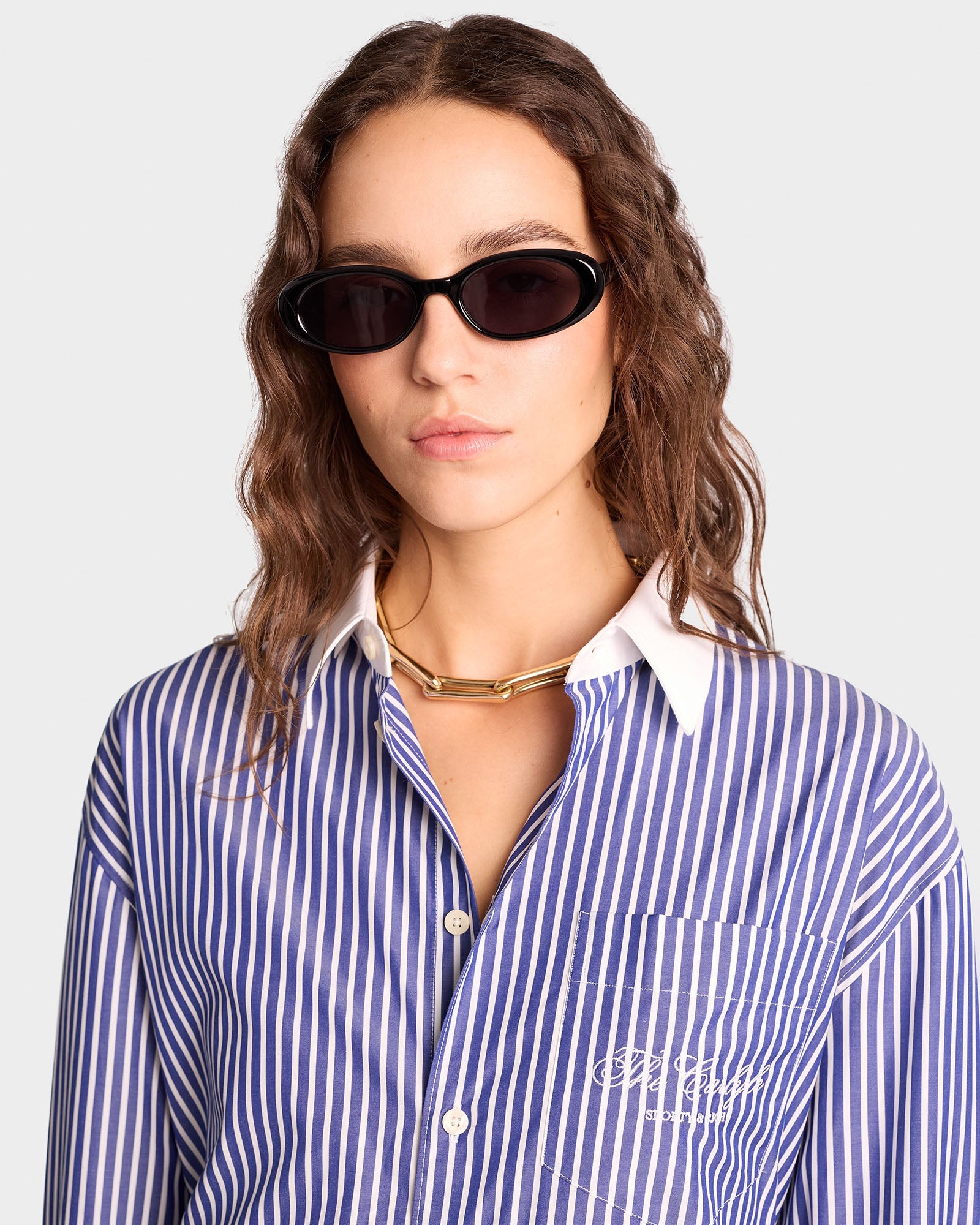 The Carlyle Script Oversized Shirt - Navy Striped