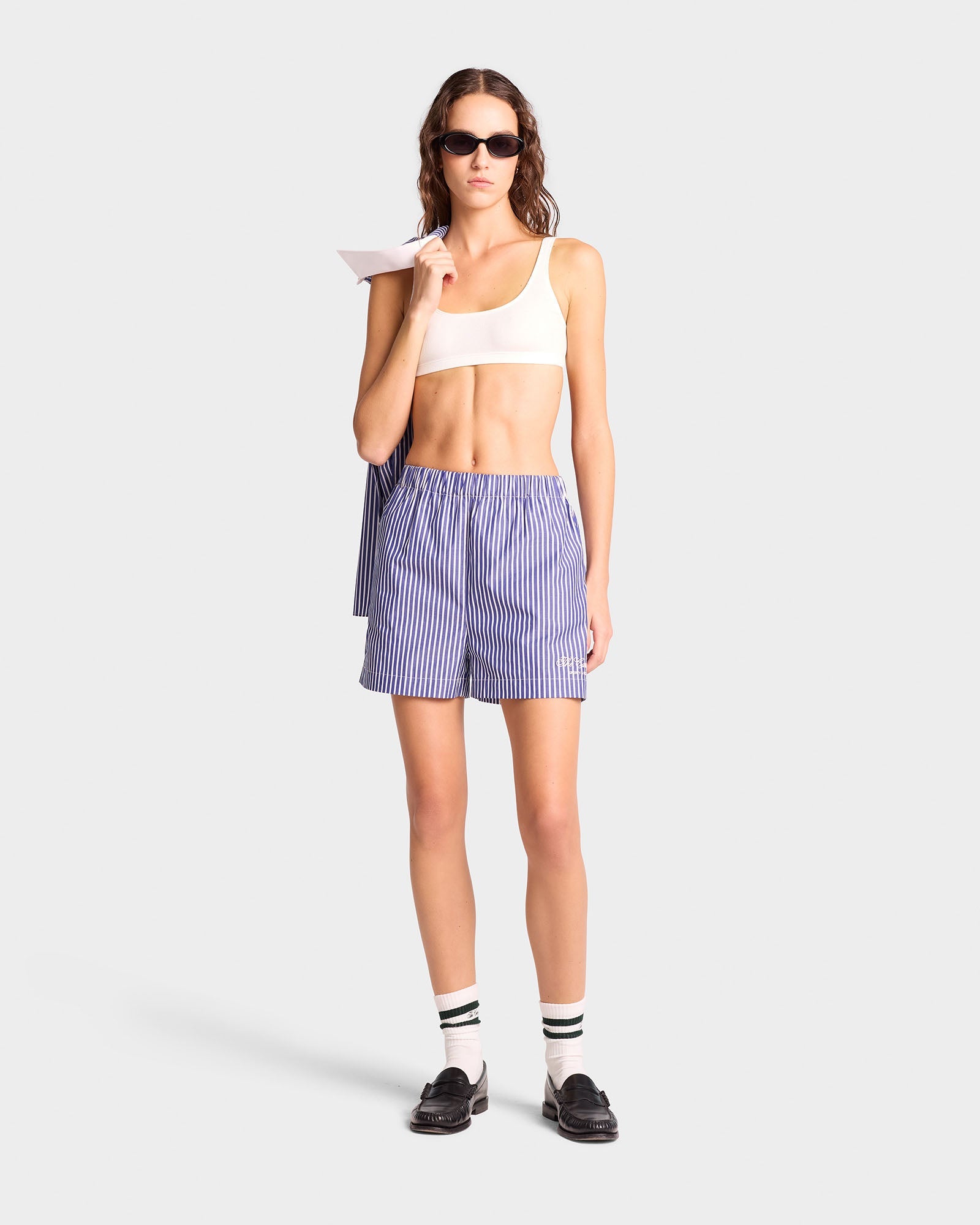 The Carlyle Script Poplin Short - Navy Striped