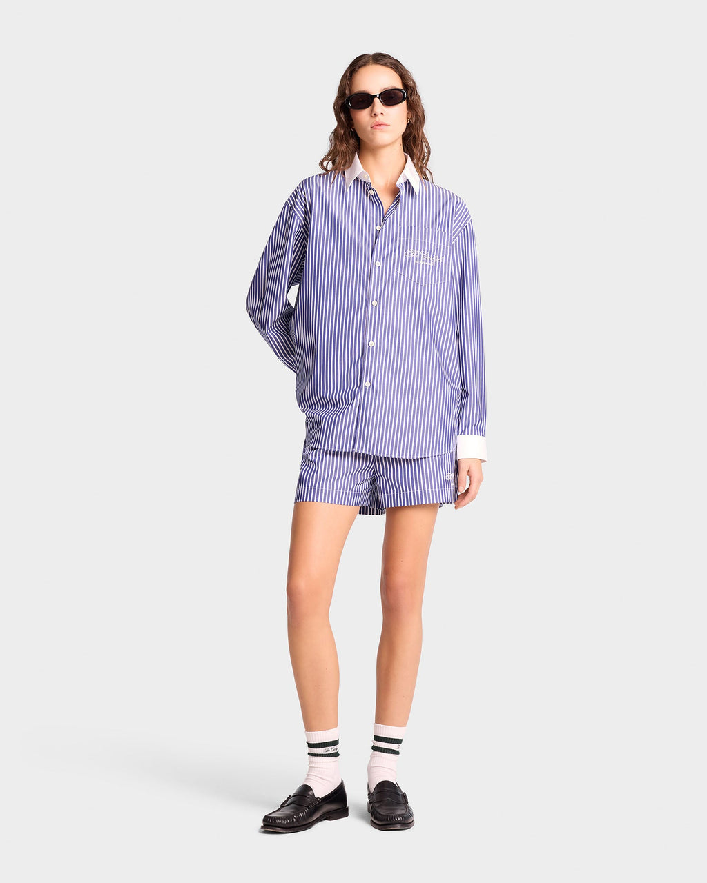 The Carlyle Script Poplin Short - Navy Striped