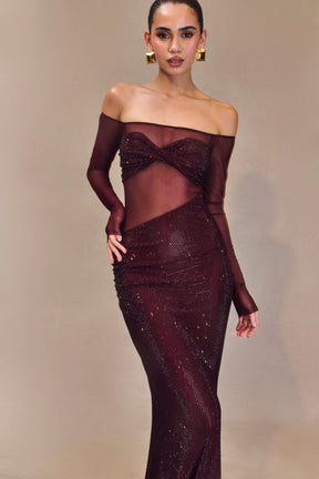Nash Diamante Off Shoulder Maxi Dress - Mahogany