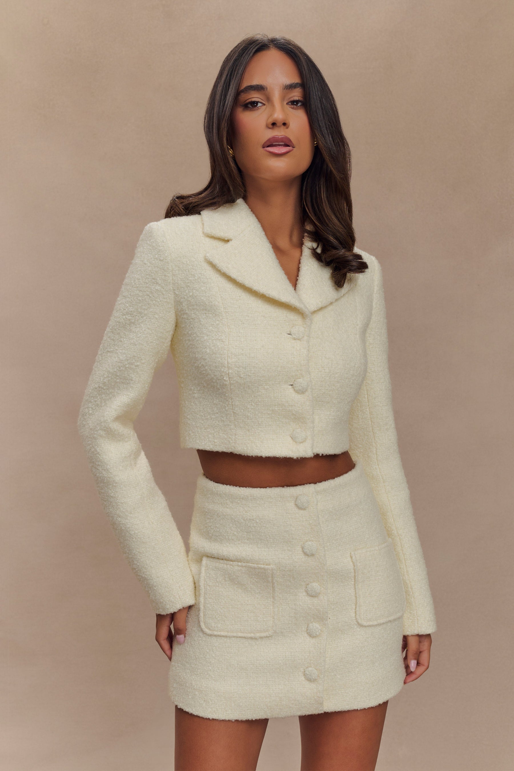 Mirelle Textured Boucle Cropped Long Sleeve Top - Ivory
