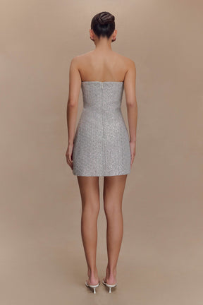 Gala Strapless Tweed Mini Dress - Silver