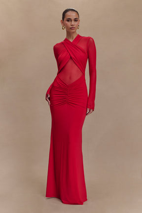 Tania Slinky And Mesh Long Sleeve Maxi Dress - Ruby
