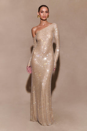 Marcia Diamante Long Sleeve Maxi Dress - Nude