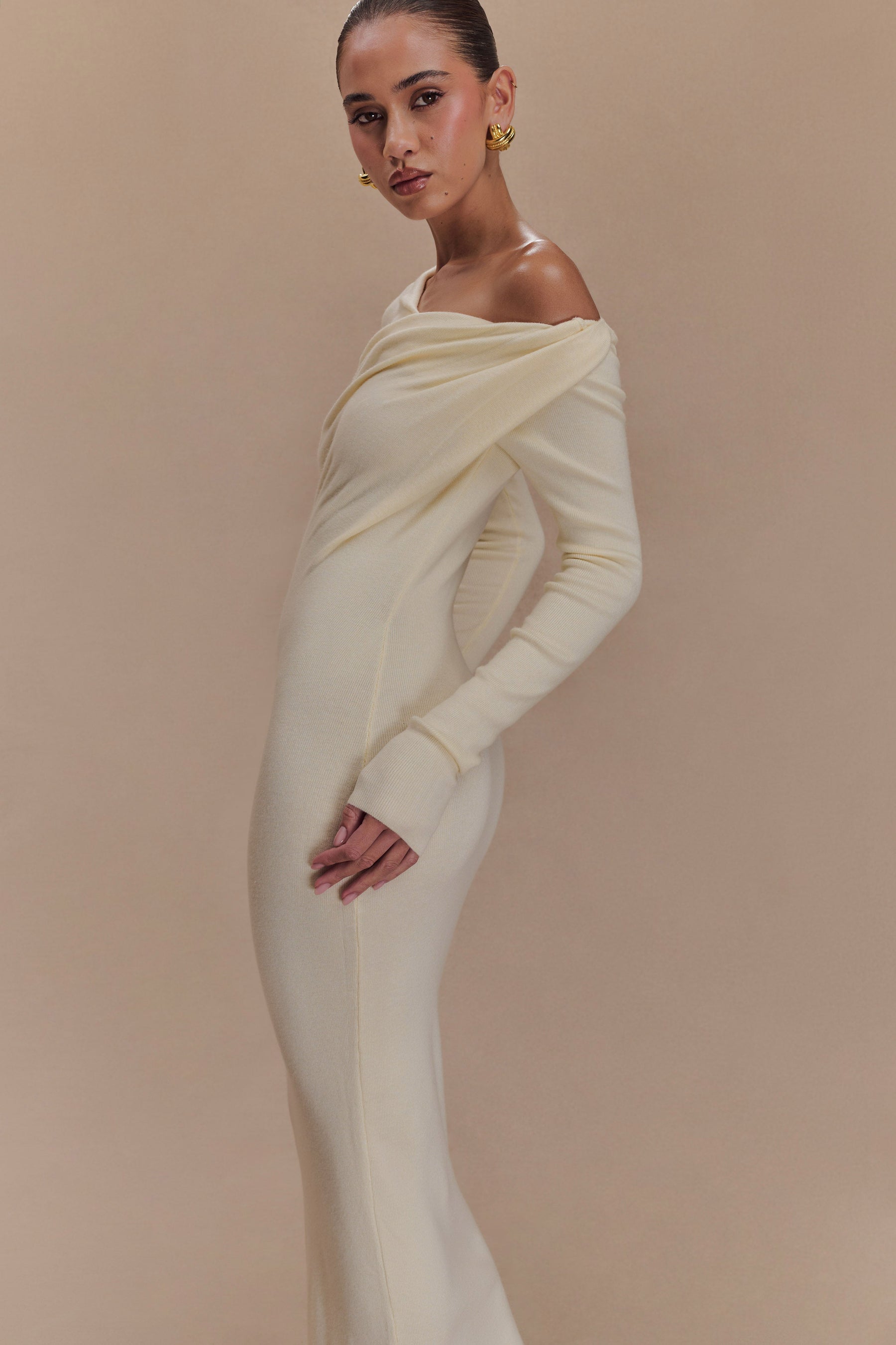 Culver Draped Twist Knit Midi Dress - Cream