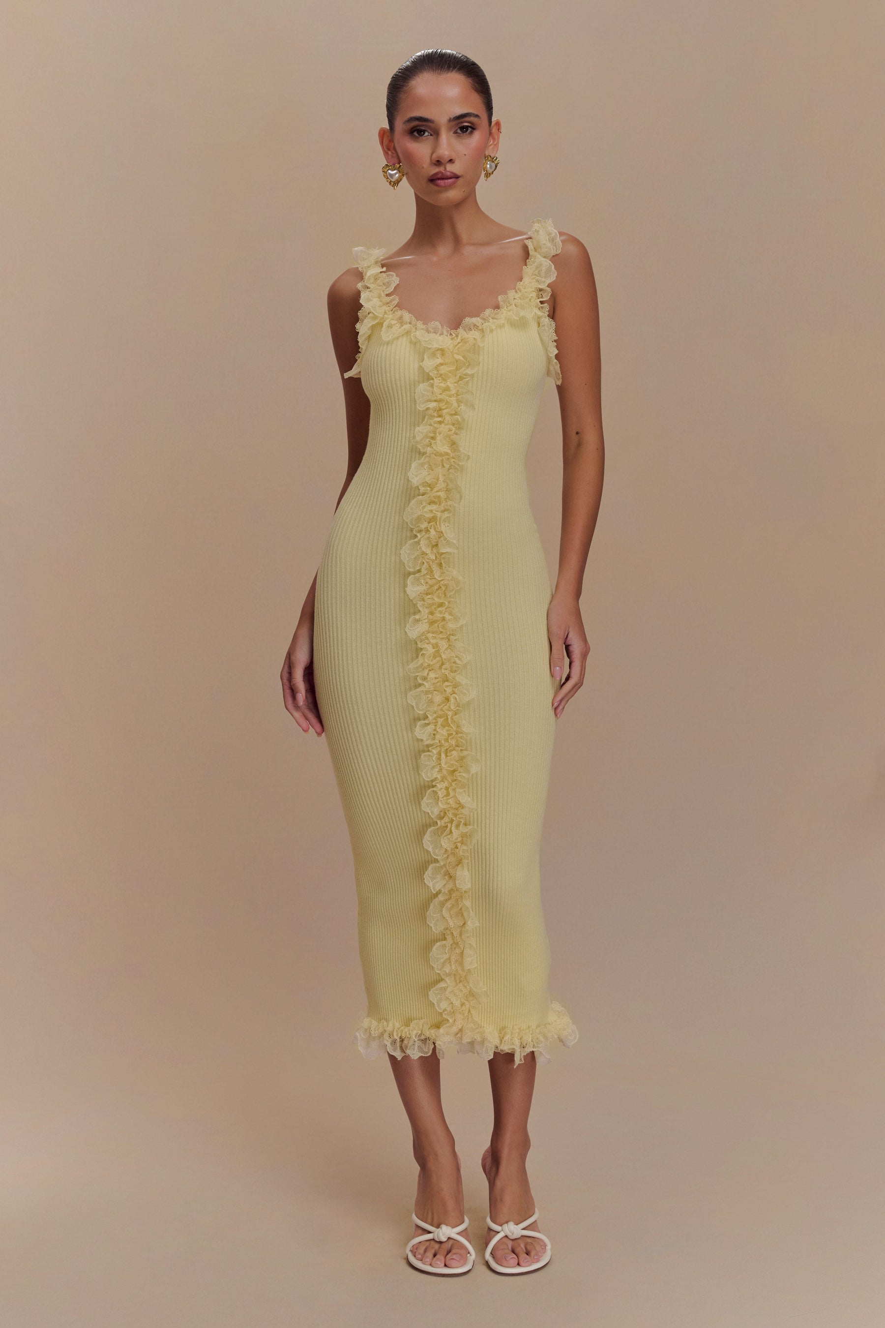 Shay Lace Ruffle Knit Midi Dress - Lemon