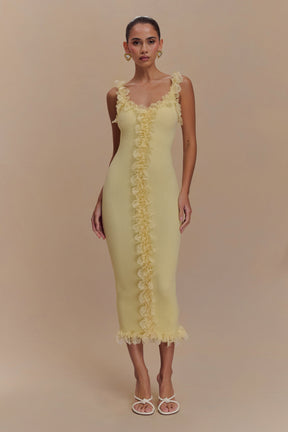 Shay Lace Ruffle Knit Midi Dress - Lemon