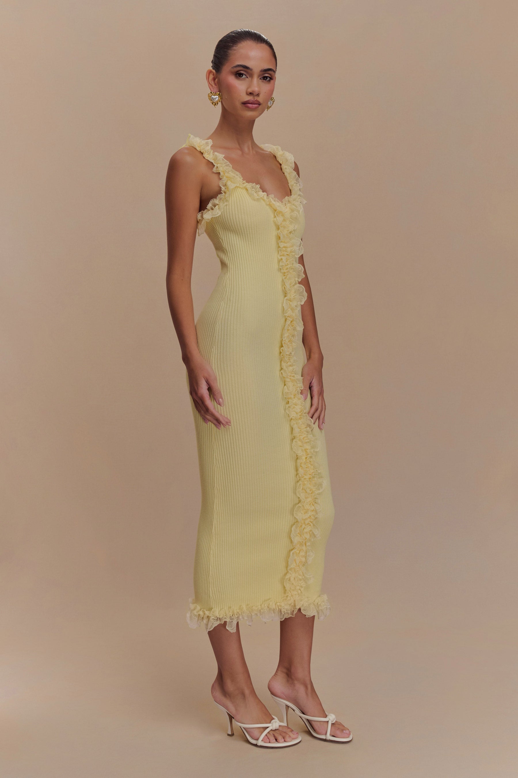 Shay Lace Ruffle Knit Midi Dress - Lemon