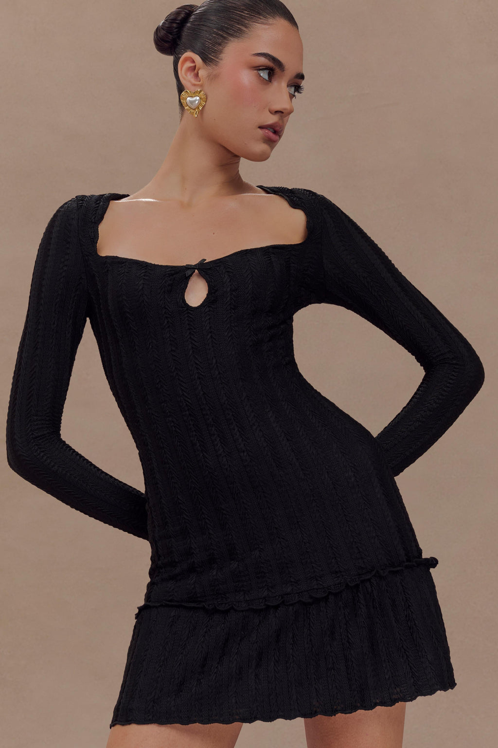 Daphne Pointelle Long Sleeve Mini Dress - Black