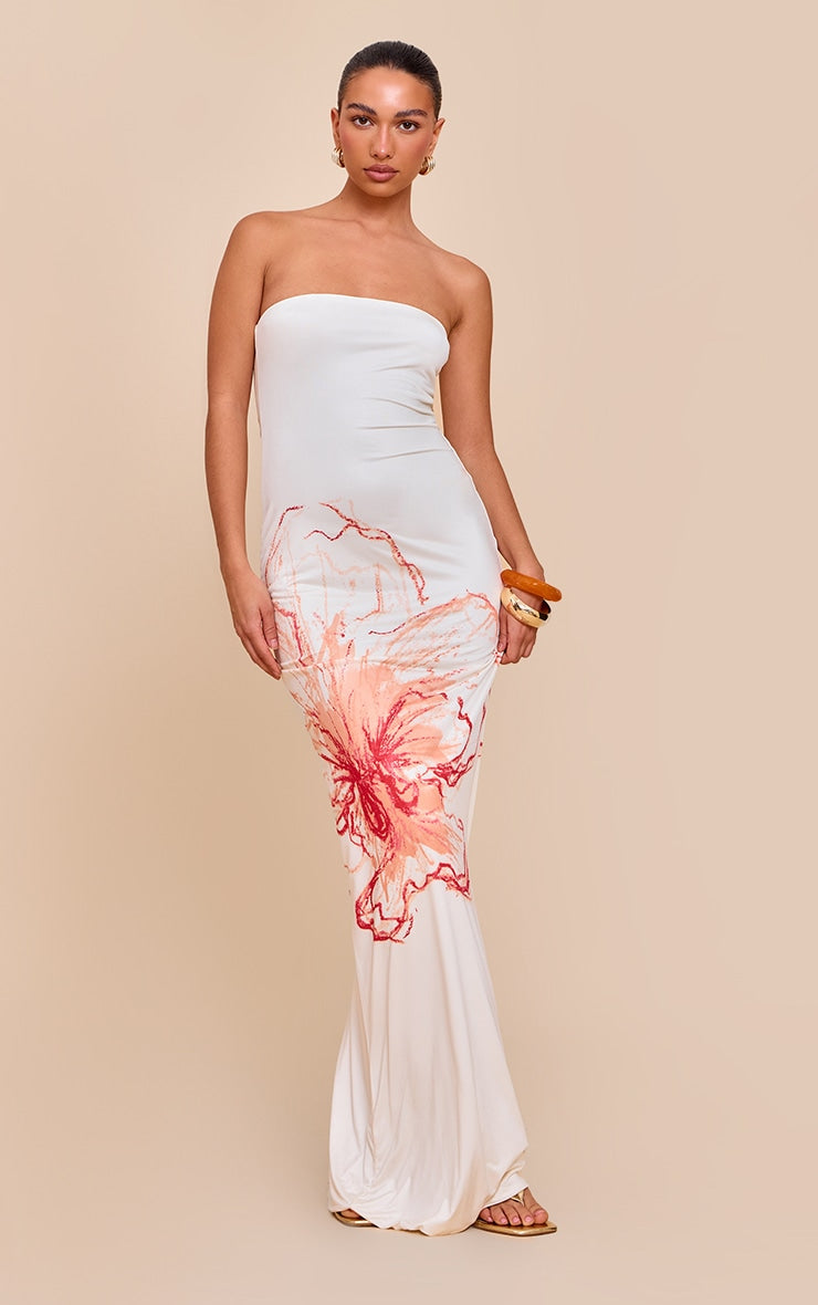 Cream Floral Printed Bandeau Maxi Dress